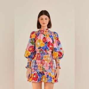 Farm Rio Sunny Daisies Smocked Ruffle-Trim Mini Dress - Size Small.